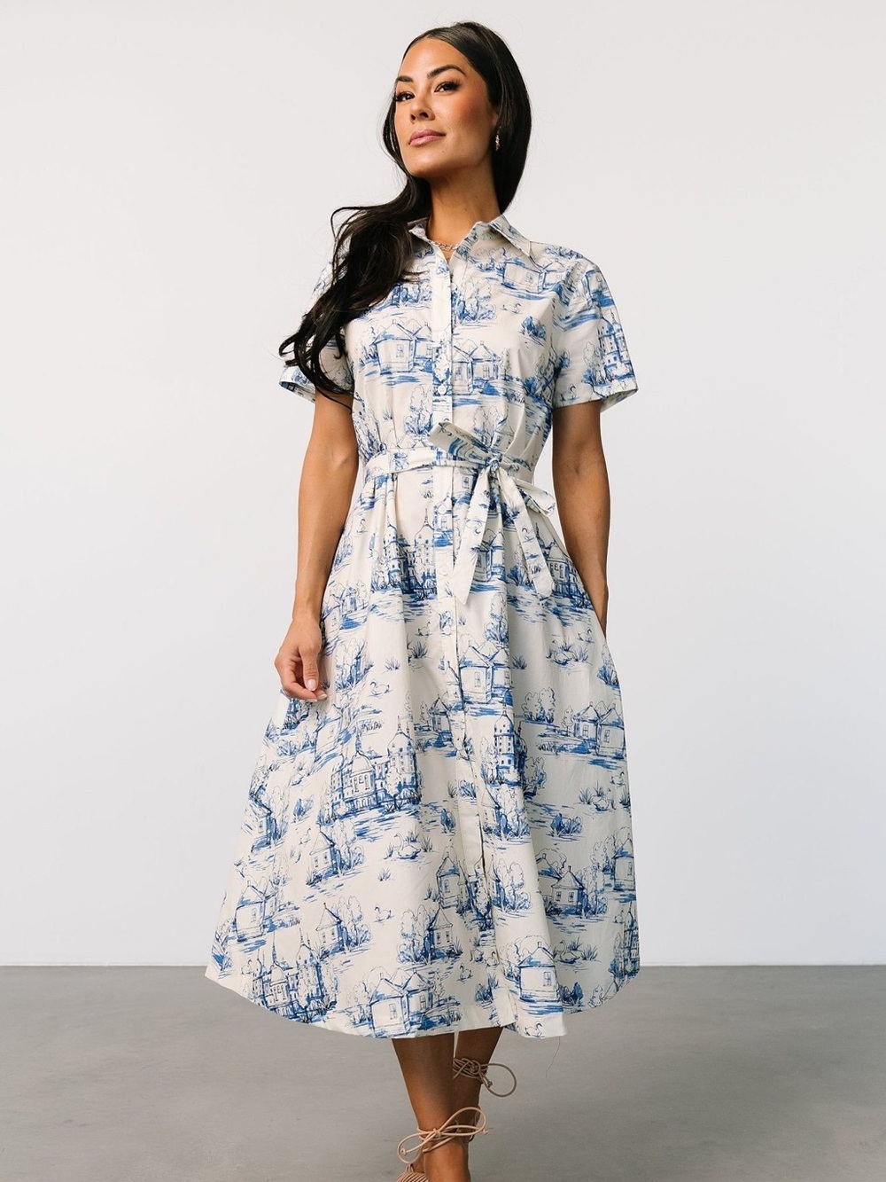 Toile Shirtwaist Dress 2pc 1950s Vintage Style Village Castle Novelty Belt Tie